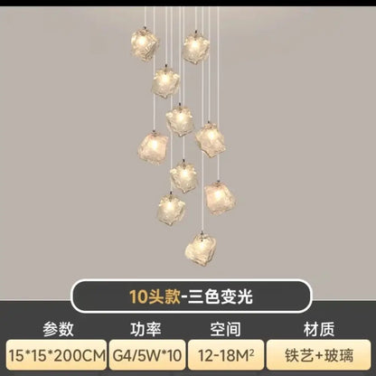 A modern decorbites cube chandelier pendant with ten irregular translucent glass crystals for dining room pendant lights
