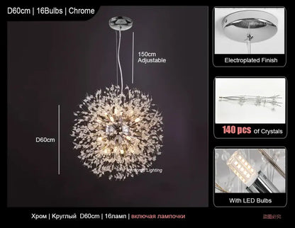 Modern crystal dandelion led ceiling chandelier with chrome finish 16 led bulbs and 140 clear crystals by decorbites