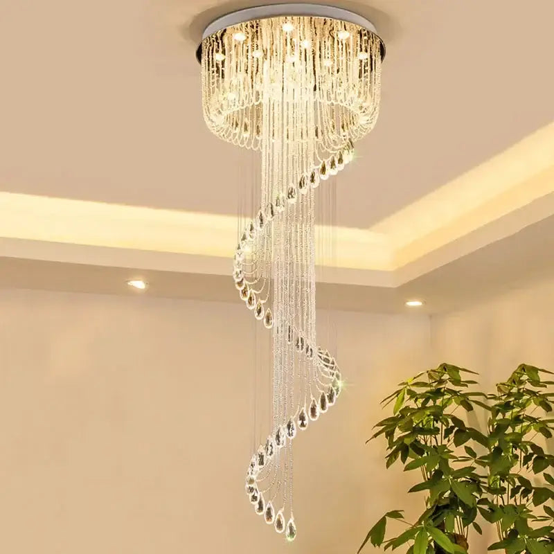 Modern crystal double spiral staircase chandelier with cascading clear crystal droplets and chrome circular base for living room