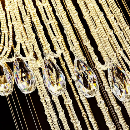 Modern crystal double spiral staircase chandelier featuring crystal teardrop pendants and clear glass beads