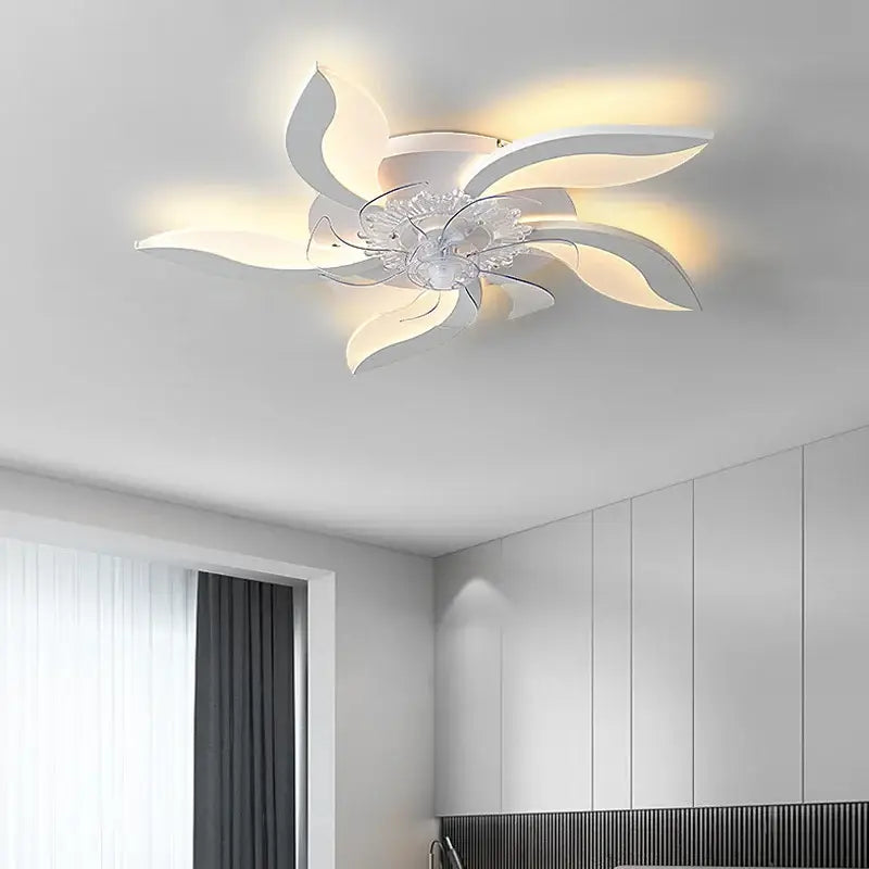 Modern white and clear crystal flower-shaped ceiling fan light with sleek dimmable ceiling fan lights for bedroom use