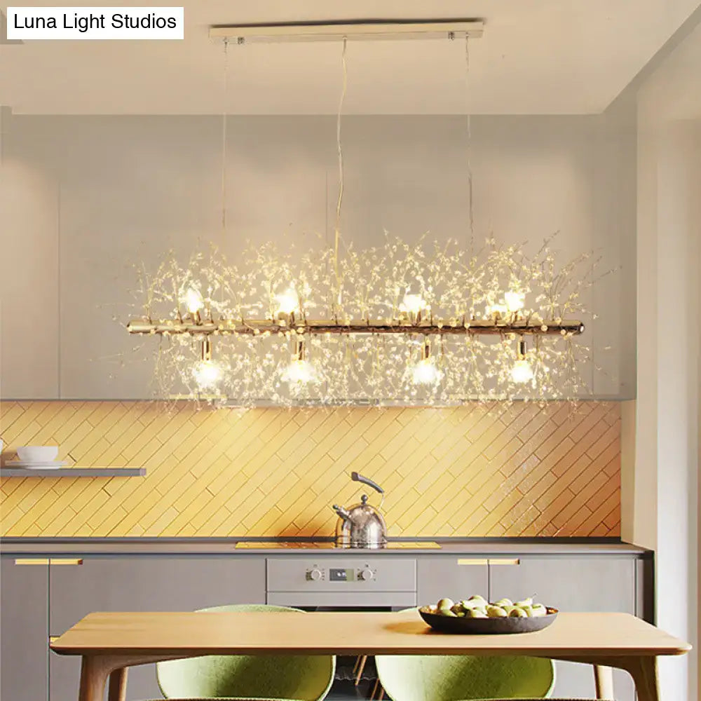 DecorBites modern crystal flower island pendant ceiling lamp with chrome gold metallic frame and clear glass branches