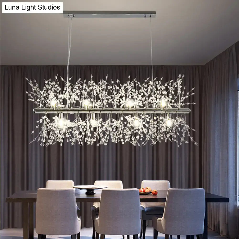 DecorBites™ modern crystal flower island ceiling lamp with chrome frame and delicate crystal branches for kitchen use