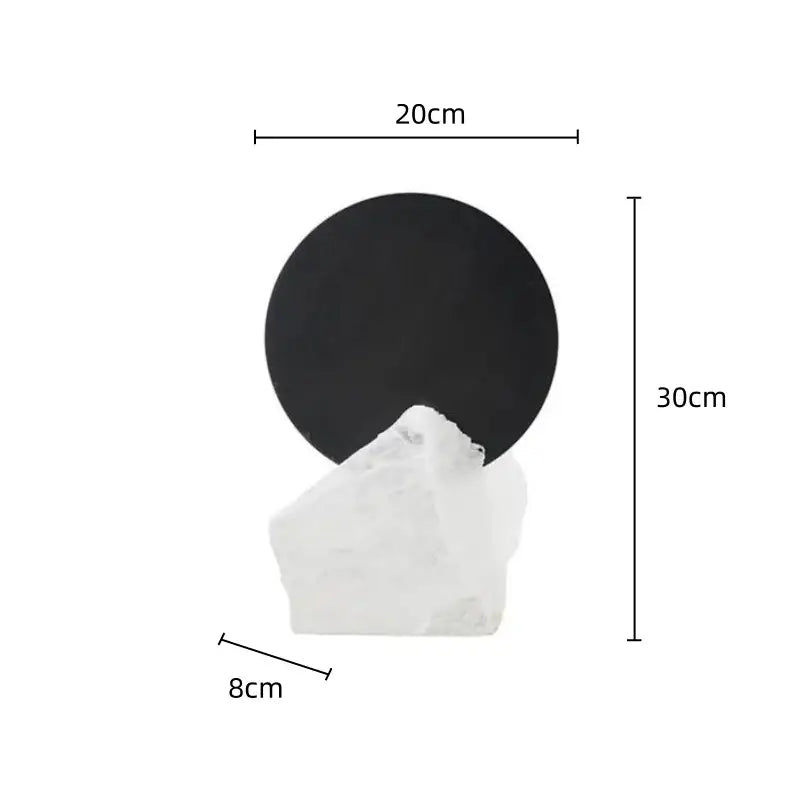 Minimalist black circular wall-mounted plaque with white rough stone base modern crystal geometric metal sculpture bookends
