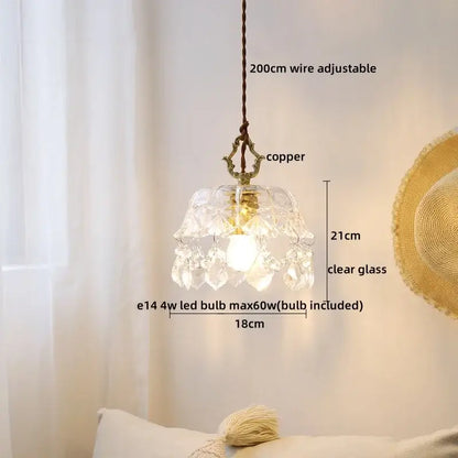 Modern crystal glass led pendant lamp with clear glass, copper accents, and dangling crystal droplets for dining room decorbites crystal glass