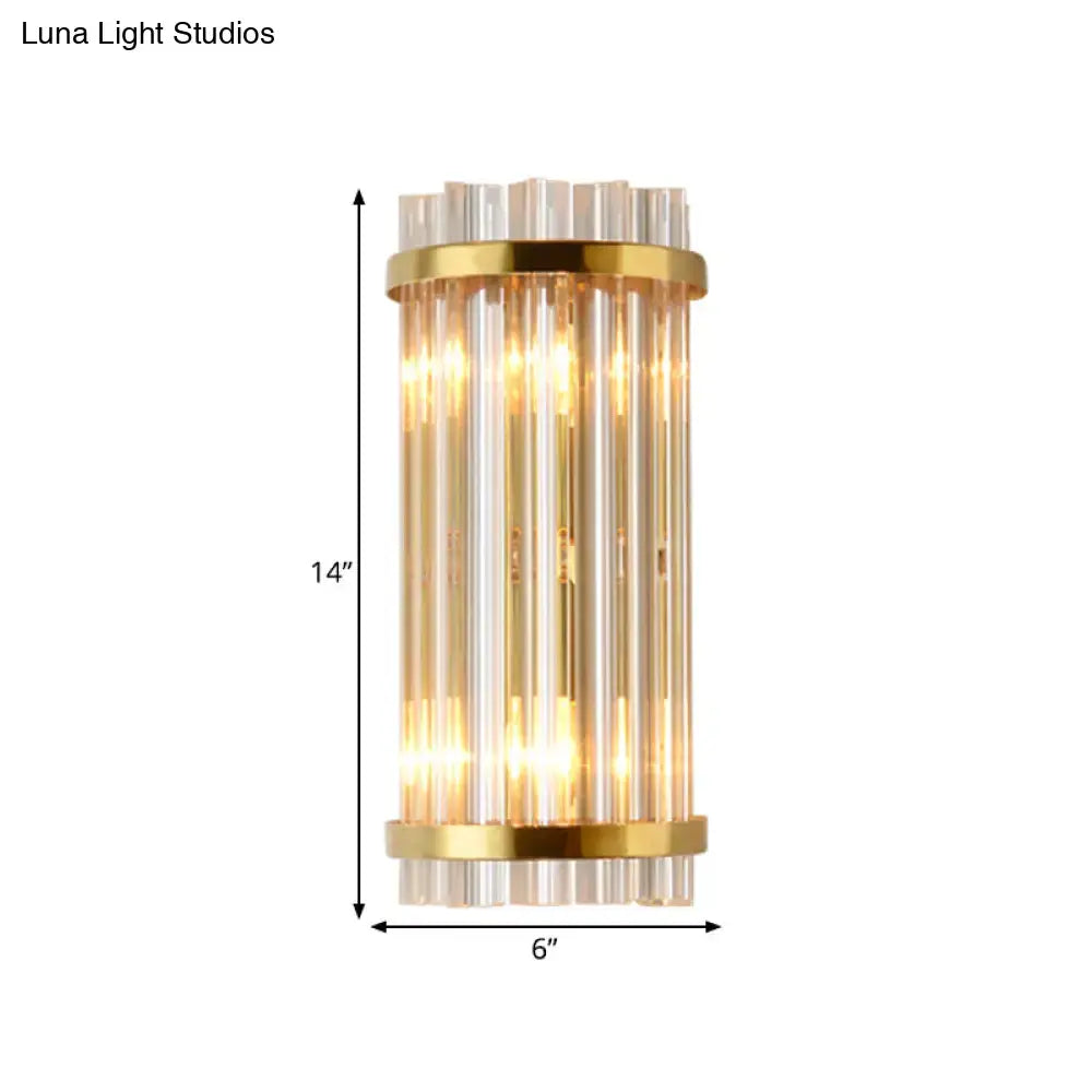 Modern crystal gold finish wall lighting bedroom sconce with gold finish cylindrical design and clear glass rods glowing warmly