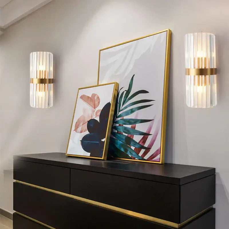 Modern crystal gold led wall lamp with gold-framed teal pink and black botanical artwork for bedroom decorbites crystal gold