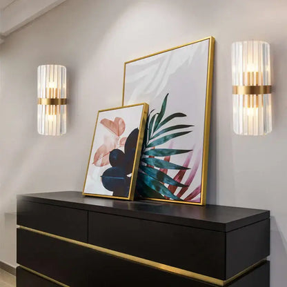 Modern crystal gold led wall lamp with gold-framed teal pink and black botanical artwork for bedroom decorbites crystal gold