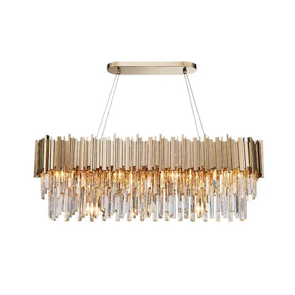 Modern crystal gold metal led pendant lights featuring a gold-toned rectangular frame with cascading clear prisms for dining room decorbites gold metal