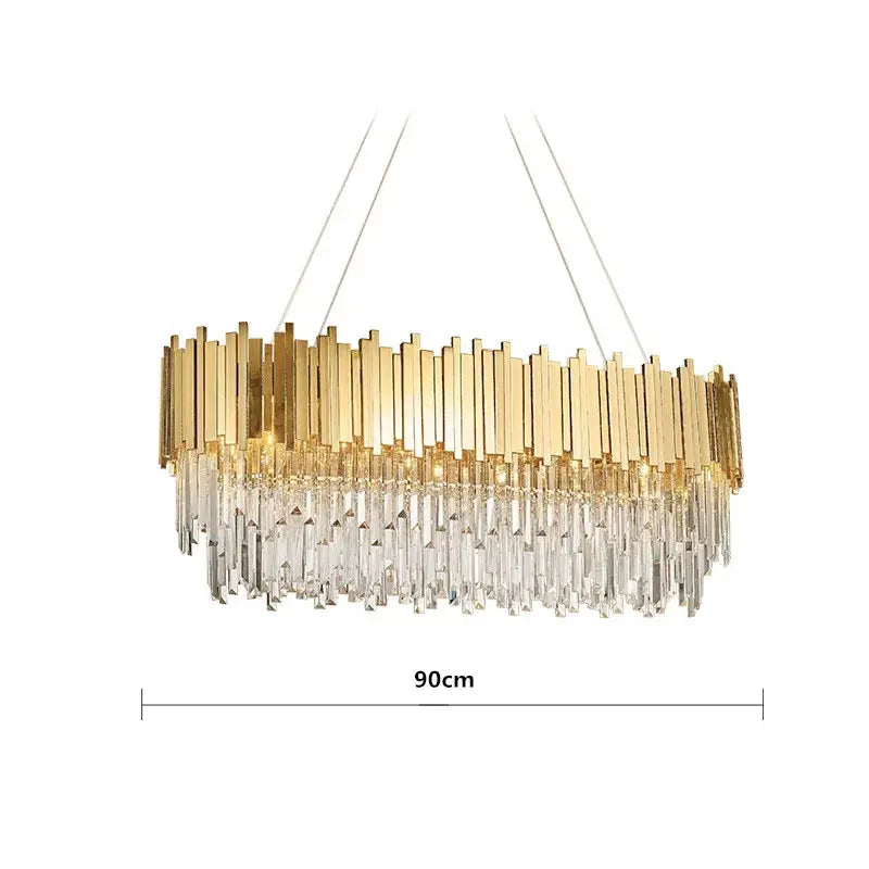 Modern crystal gold metal led pendant lights featuring gold-toned chandelier with brass bars and clear crystal prisms