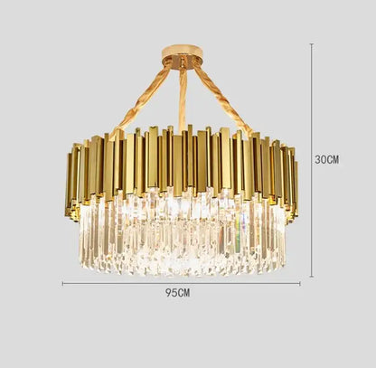 Modern crystal gold metal led pendant lights with gold-toned brass bars and cascading crystal prisms for dining room decorbites gold metal