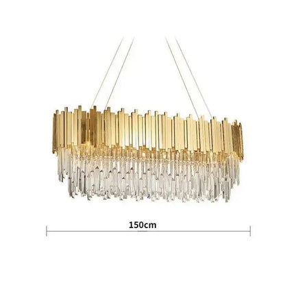Modern crystal gold metal led pendant lights feature a gold-toned chandelier with vertical bars and cascading crystal droplets