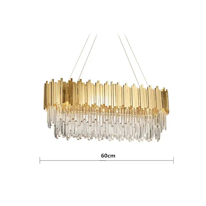 Gold-toned modern crystal pendant lights with vertical brass bars and cascading prisms for dining room decorbites gold metal led