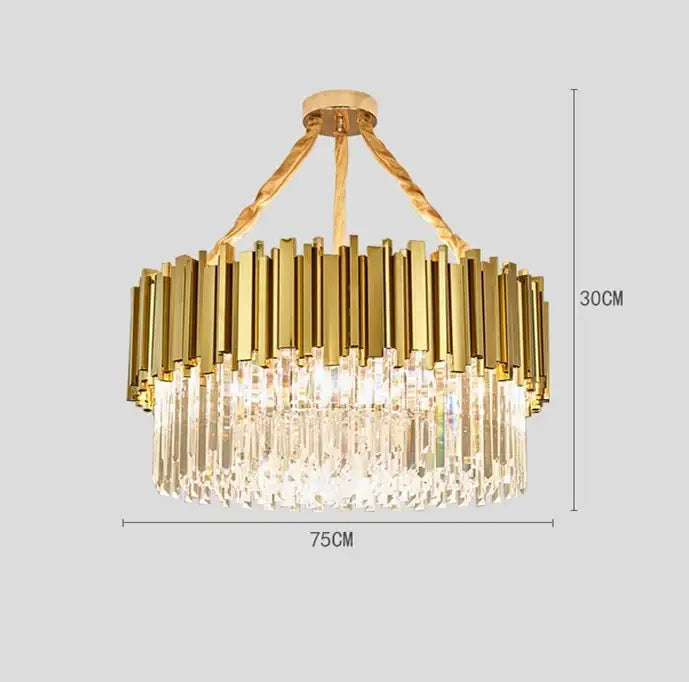 Modern crystal gold metal led pendant lights featuring gold-toned chandelier with brass bars and cascading crystal prisms