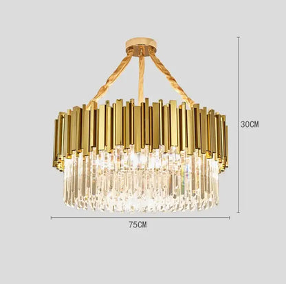 Modern crystal gold metal led pendant lights featuring gold-toned chandelier with brass bars and cascading crystal prisms