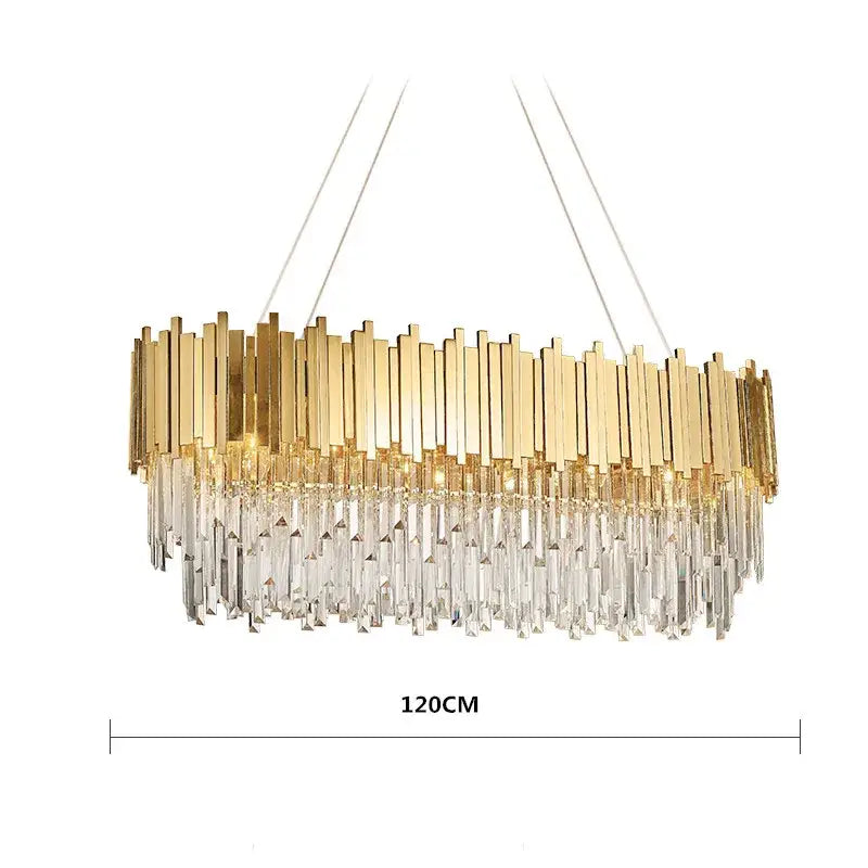 Modern crystal gold metal led pendant lights with clear crystal cascading prisms and vertical bars for dining room decorbites gold metal