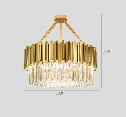 Modern pendant lights featuring gold metal led vertical brass bars and cascading crystal prisms for dining room decorbites gold metal design