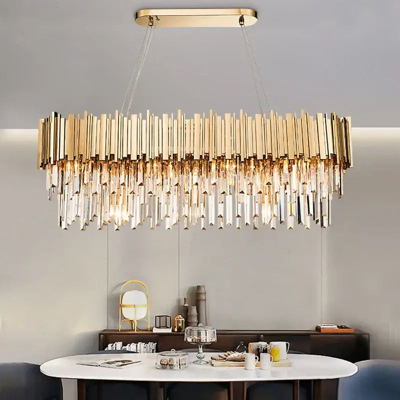 Gold-toned rectangular pendant lights with cascading crystal rods in decorbites gold metal led design for dining room decor