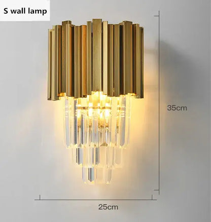 Gold-toned wall lamp with vertical brass bars and cascading crystal prisms for decorbites gold metal led pendant lights