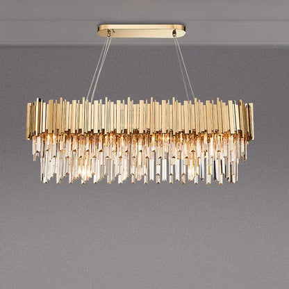 Gold-toned rectangular decorbites gold metal led pendant lights with cascading crystal prisms for dining room decor