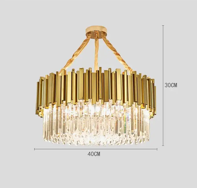 Modern crystal gold metal led pendant lights featuring gold-toned chandelier with vertical brass bars and crystal prisms