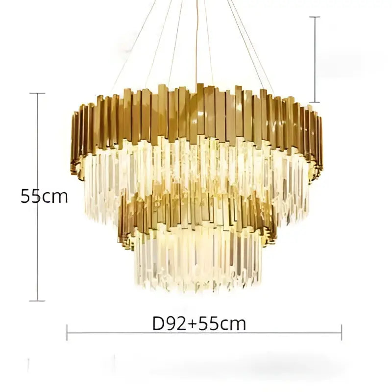 Modern crystal gold metal led pendant lights with tiered cylindrical crystal rods and cascading clear prisms for dining room decorbites gold metal