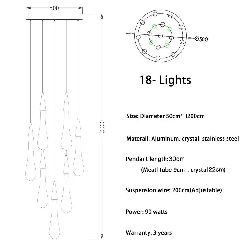 Modern crystal gold pendant lights featuring 18 teardrop-shaped crystals with aluminum frame and stainless steel accents