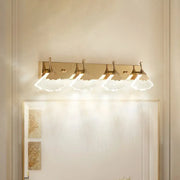 Modern crystal gold vanity light with four scalloped translucent glass shades for bathroom wall lighting
