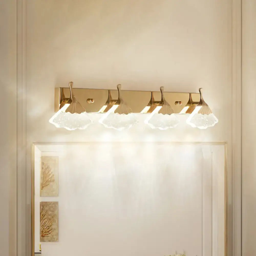 Modern crystal gold vanity light with four scalloped translucent glass shades for bathroom wall lighting