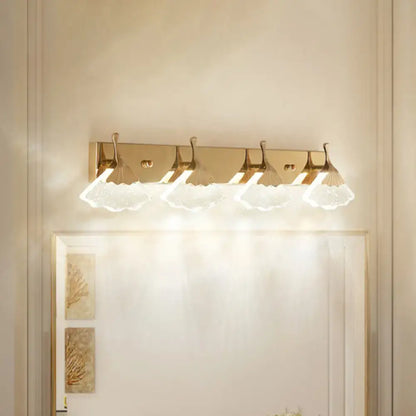 Modern crystal gold vanity light with four scalloped translucent glass shades for bathroom wall lighting