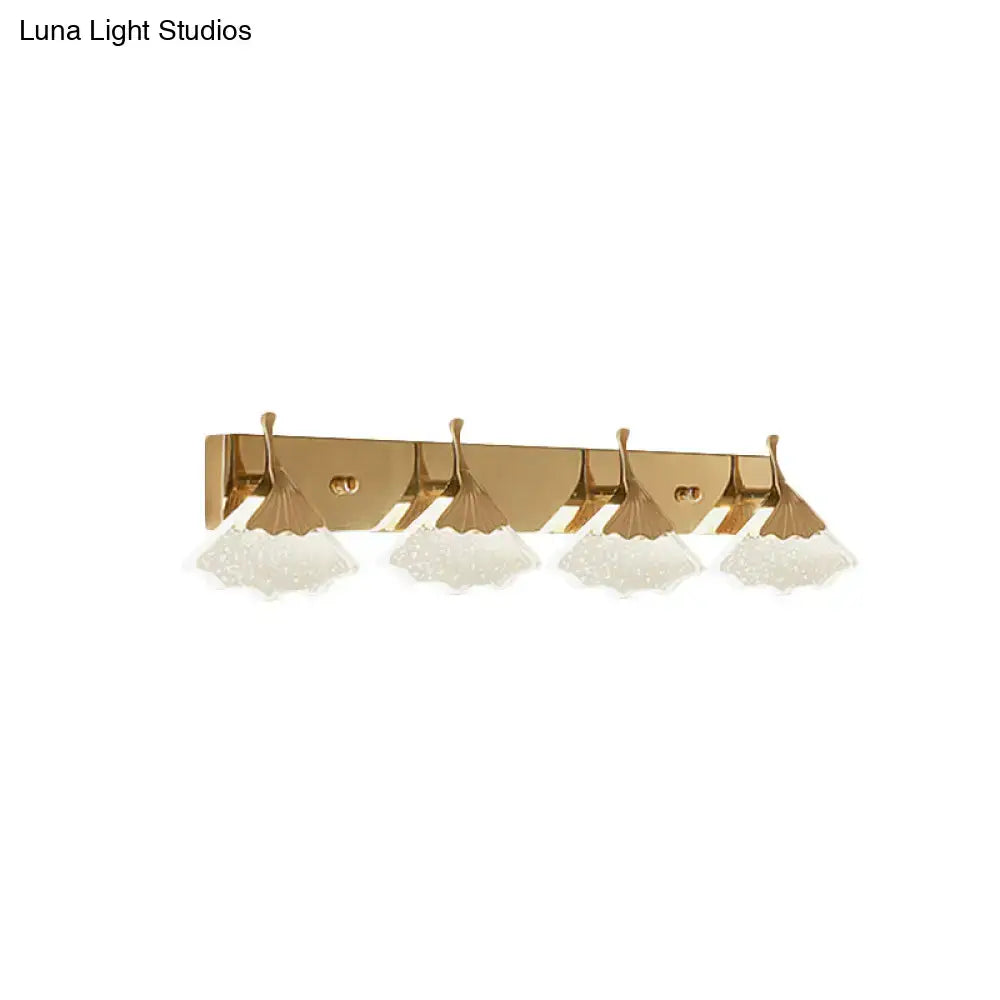 Modern crystal gold vanity light with four frosted ginkgo leaf glass shades for bathroom wall mounting