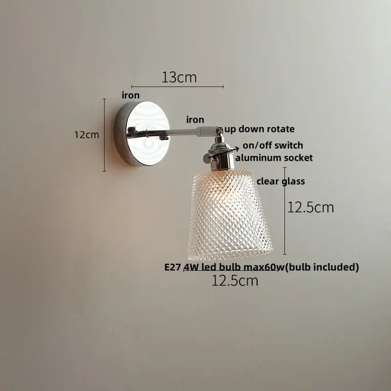 Modern crystal iron led wall light with polished iron base and diamond-patterned glass shade for bedroom decorbites crystal iron