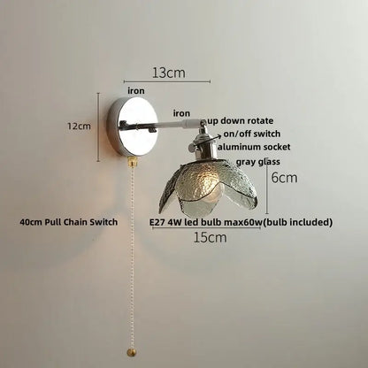 Vintage-style modern crystal iron led wall light with gray textured glass shade and iron mounting hardware for bedroom decorbites crystal iron