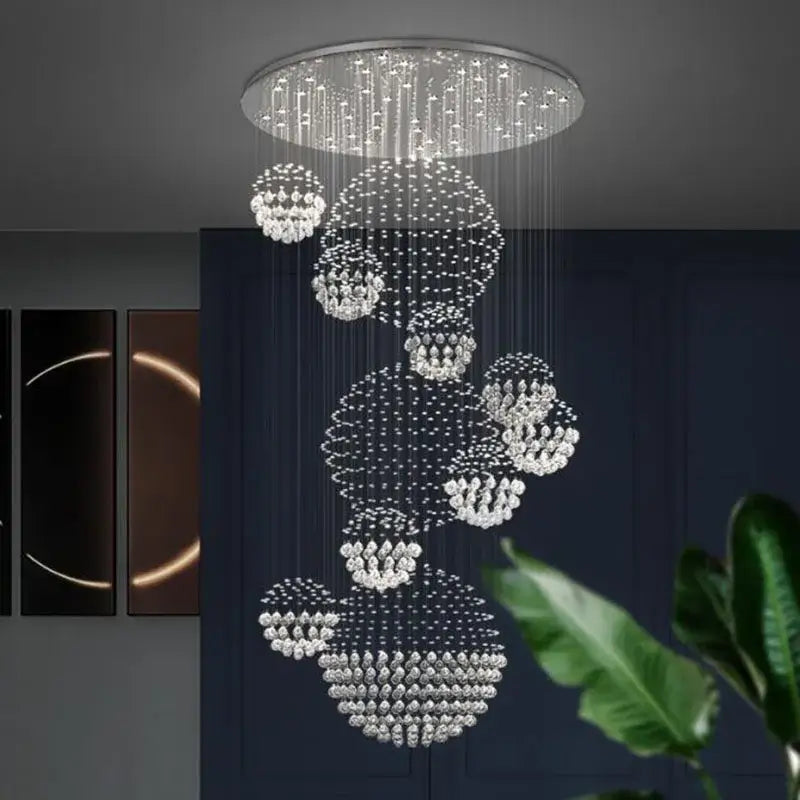 Modern crystal led chandelier with cascading clear crystal beads in tiered clusters for large villa kitchen decorbites crystal led