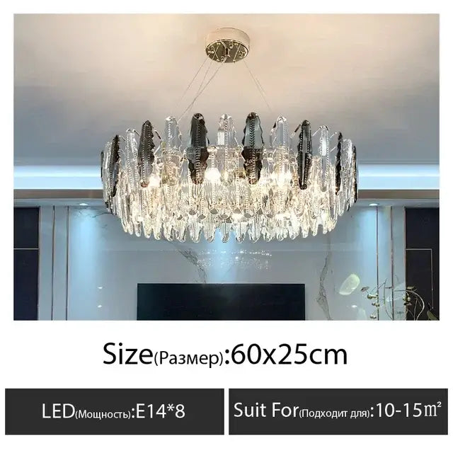 A modern decorbites crystal led chandelier with clear glass prism droplets and black accents for dining room decor