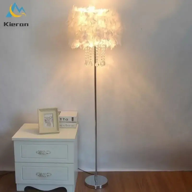 Modern crystal led feather floor lamp with white feathered shade and dangling crystal beads for living room decorbites lighting
