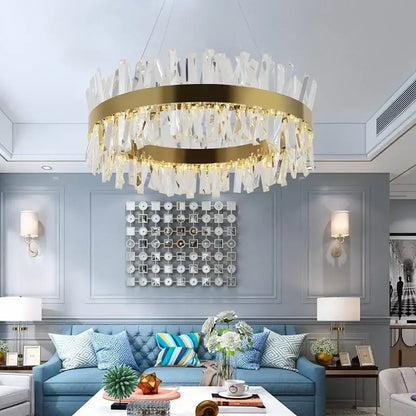 Modern crystal led ring chandelier with gold-toned frame and cascading clear crystal shards for luxury living room decorbites crystal led