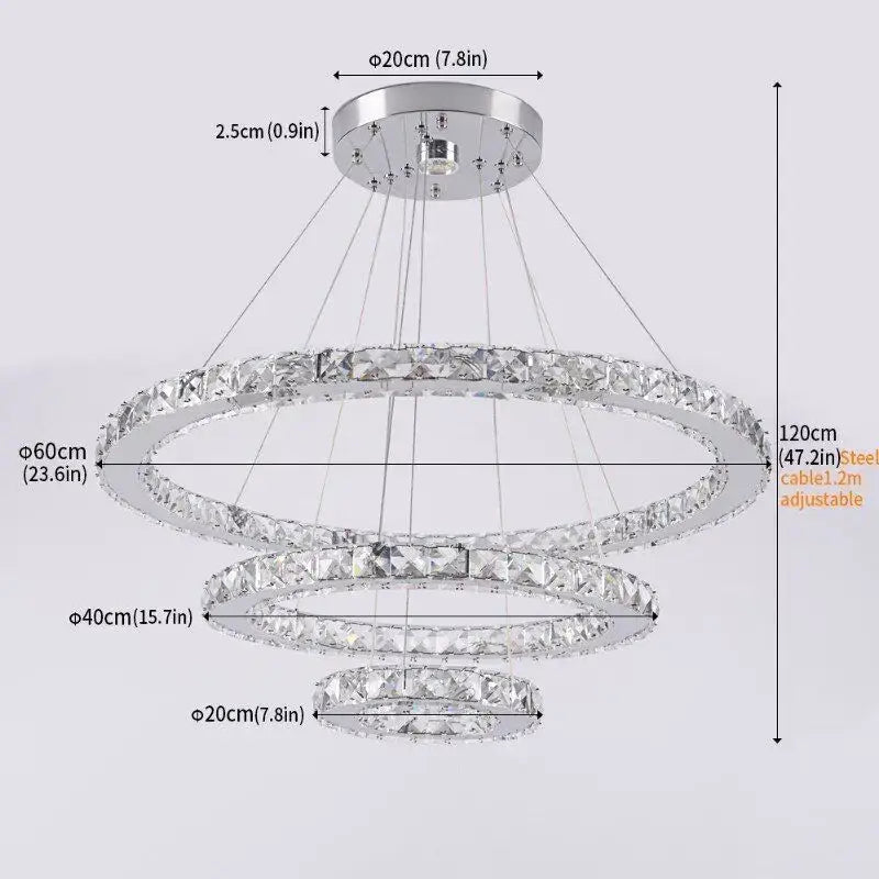Modern chrome-finished decorbites crystal led ring pendant chandelier with three concentric rings for dining room decor