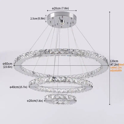 Modern chrome-finished decorbites crystal led ring pendant chandelier with three concentric rings for dining room decor