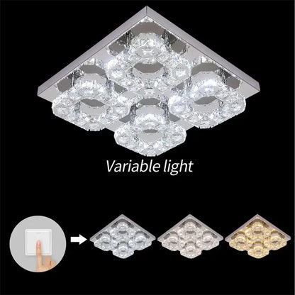 Modern crystal led square chandelier with chrome finish and clear faceted glass elements by decorbites crystal led