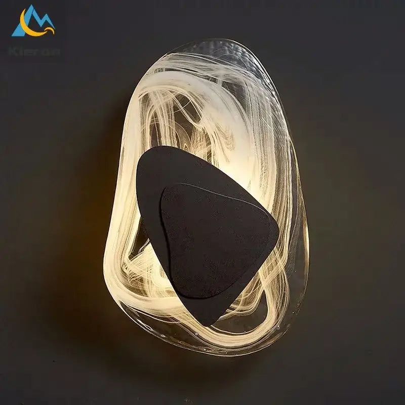 Modern crystal led wall lamp with translucent swirling glass body, sleek black triangular shade, and bronze accents for living room decorbites crystal led