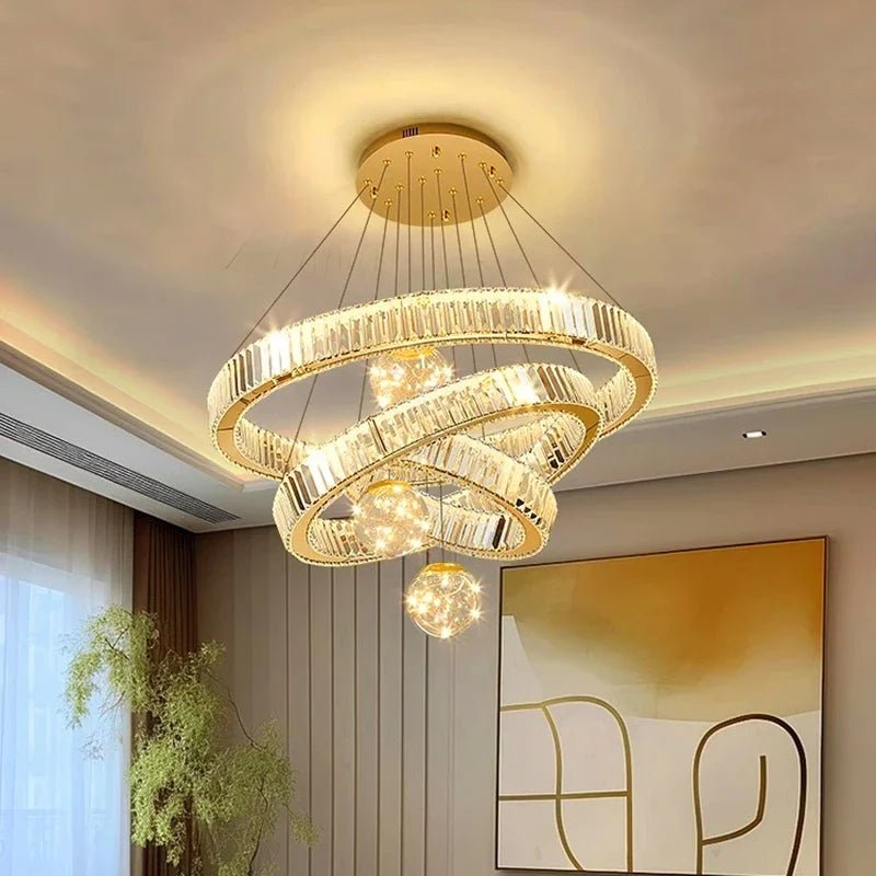 Modern Crystal Multi-Ring Pendant Light in Brushed Steel - Decorbites