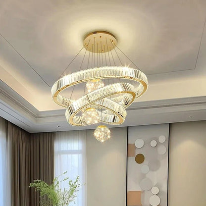 Modern Crystal Multi-Ring Pendant Light in Brushed Steel - Decorbites