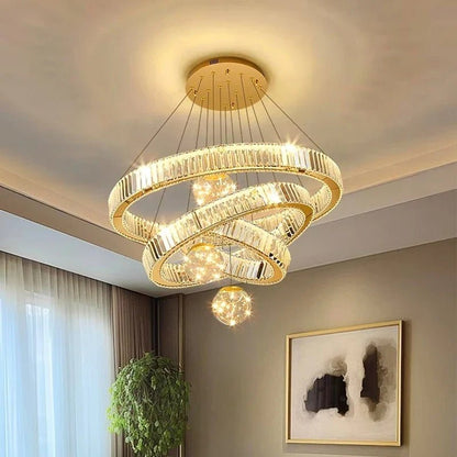 Modern Crystal Multi-Ring Pendant Light in Brushed Steel - Decorbites