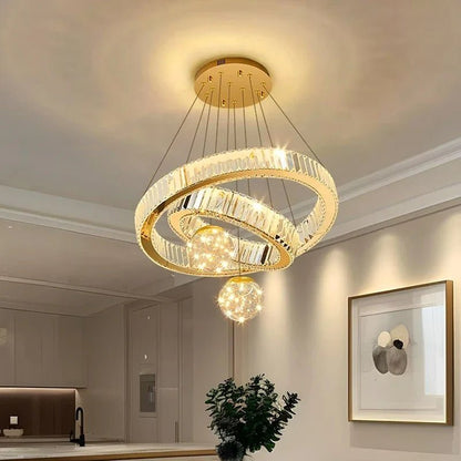 Modern Crystal Multi-Ring Pendant Light in Brushed Steel - Decorbites