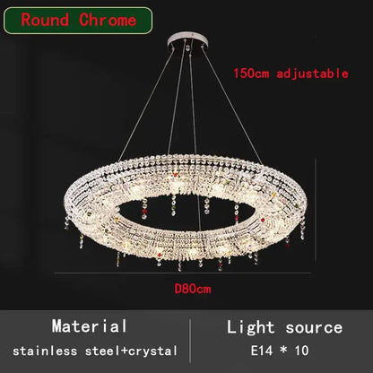 Modern crystal oval chandelier by decorbites with clear and red crystal strands and chrome frame, 80cm diameter for living room decor