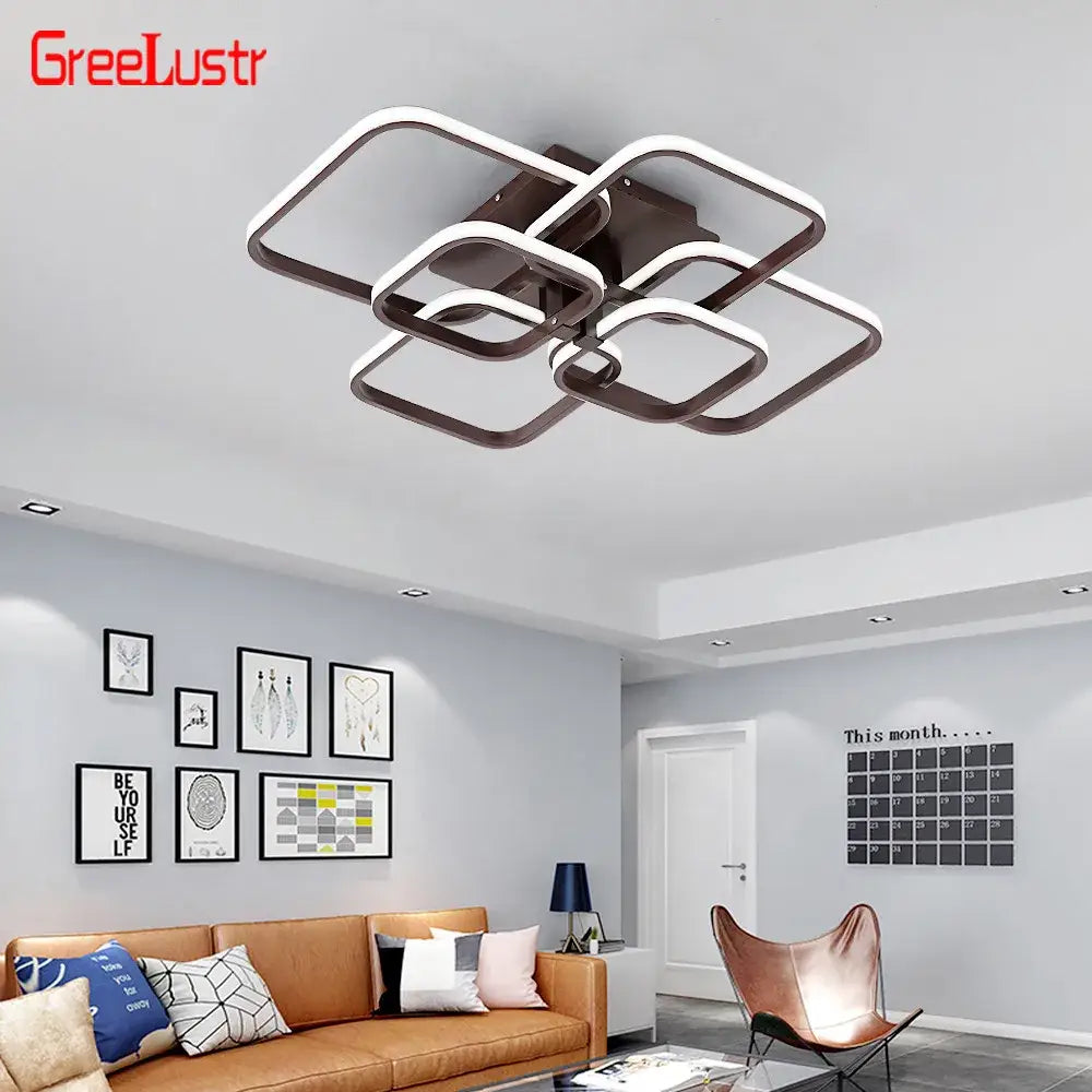 Modern crystal ring acrylic ceiling lights featuring overlapping brushed metallic rectangular frames for living room use