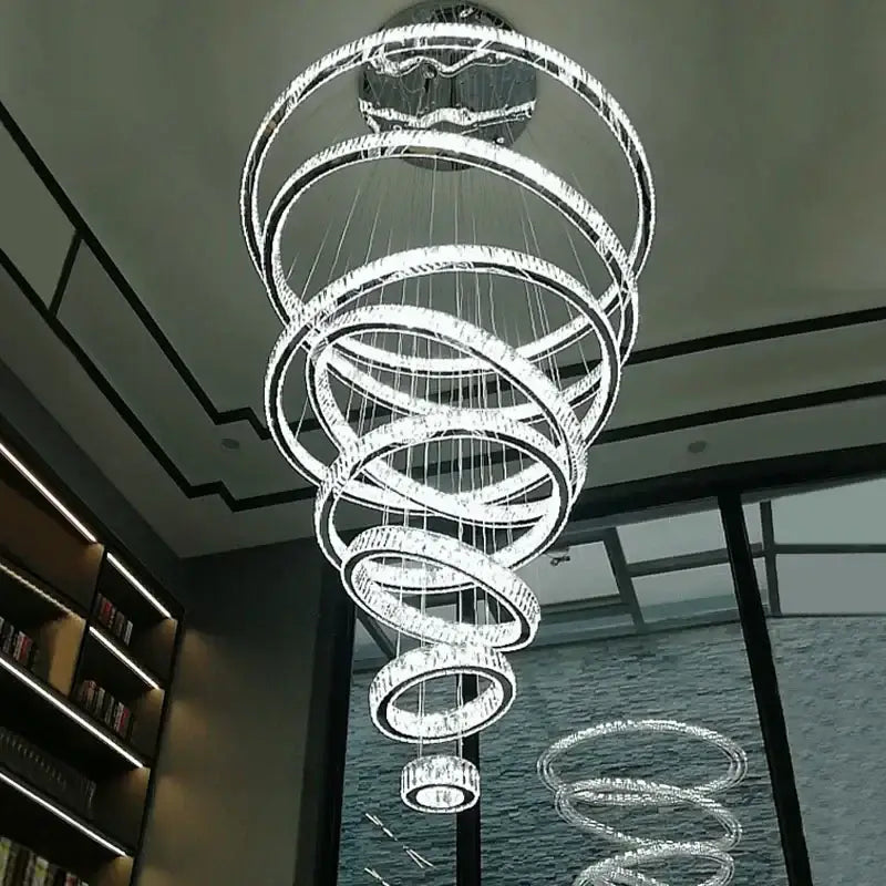 Modern crystal ring led chandelier with clear crystal and chrome finish for staircase or dining room decorbites crystal ring