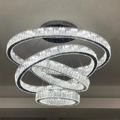 Modern crystal ring led chandelier with interlocking crystal rings and embedded leds for staircase or dining room decorbites crystal ring