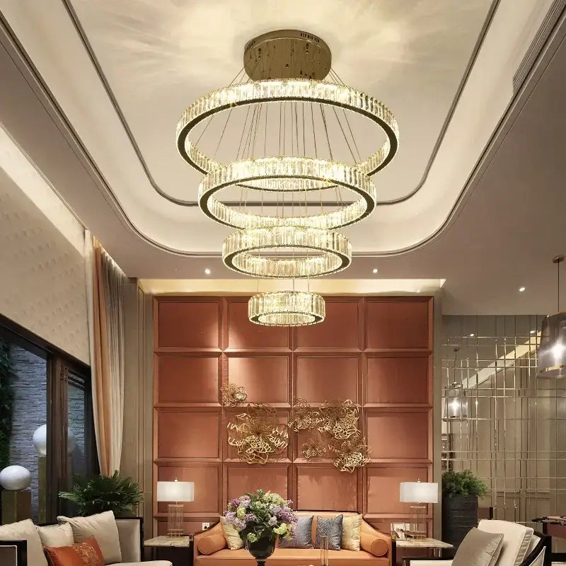 Modern crystal ring led chandelier with clear crystal and gold metal rings for staircase or dining room decorbites crystal ring
